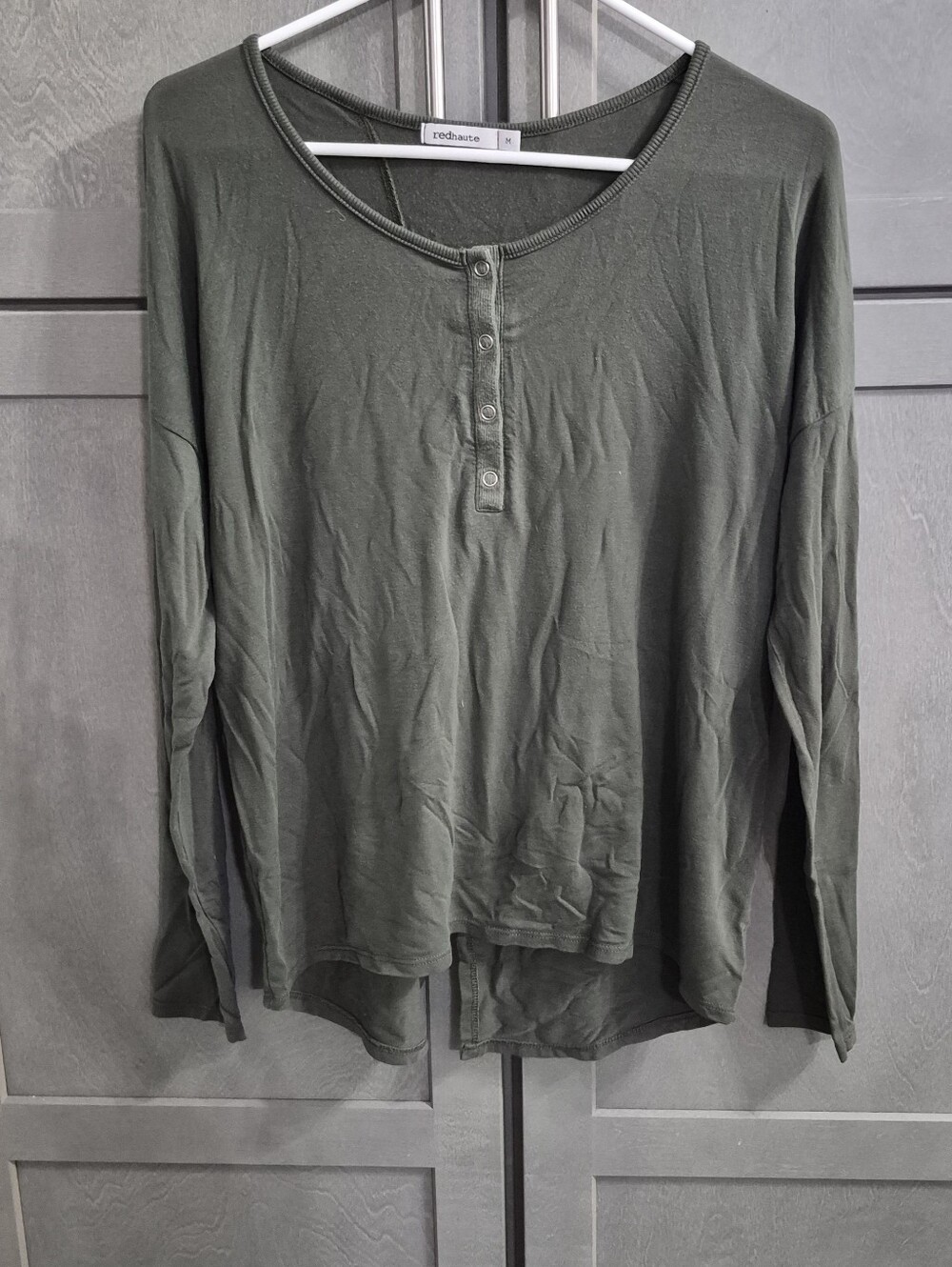 Red Haute Olive Green Long Sleeve Henley Top